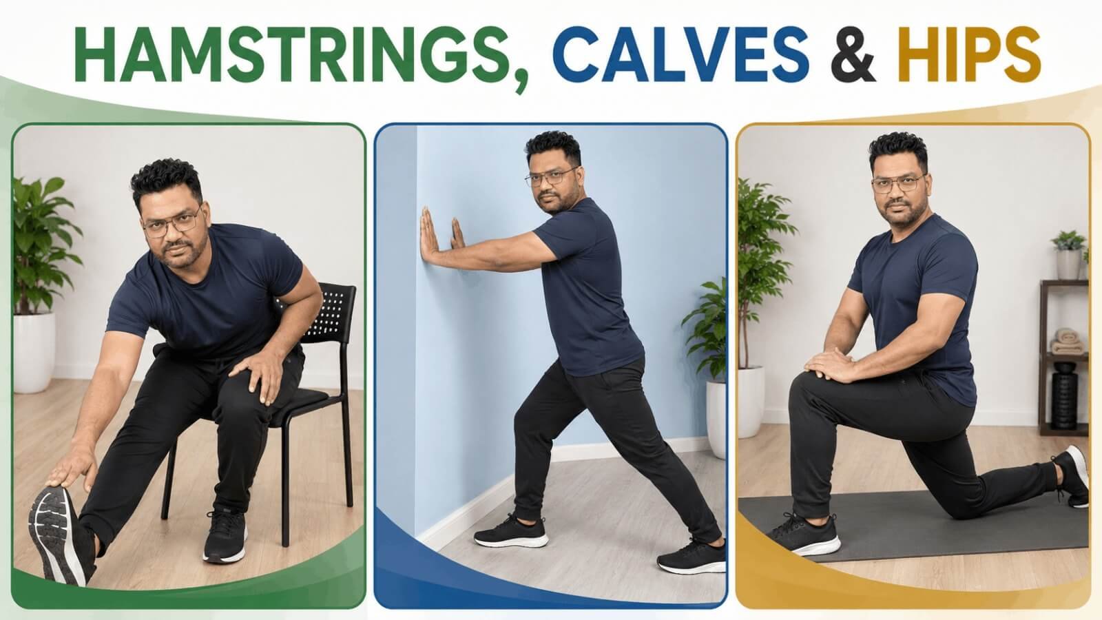 Lower body stretching exercises targeting hamstrings calves and hips