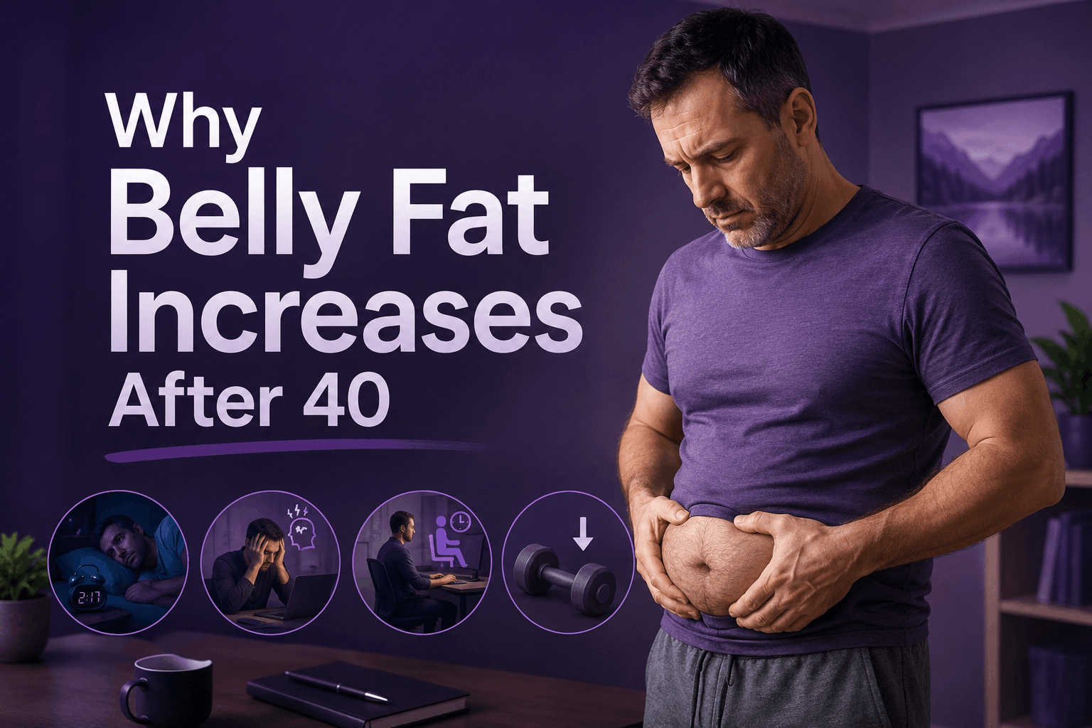 Causes of belly fat after 40 including sleep stress sitting and muscle loss