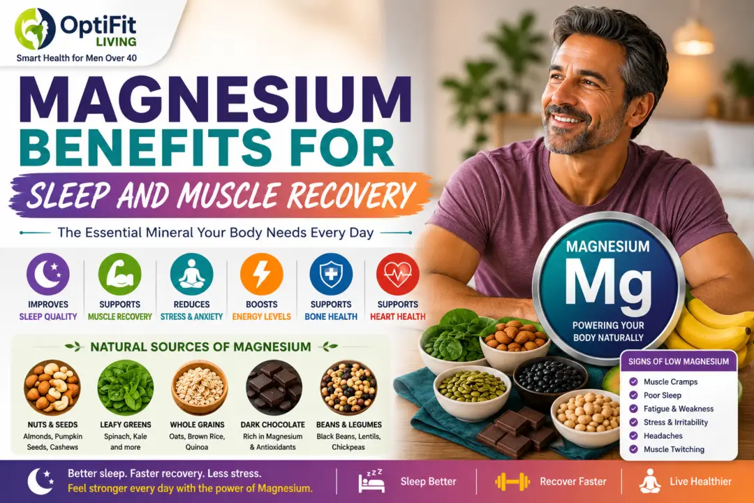 Middle-aged man in a purple t-shirt with magnesium-rich foods including nuts, spinach, oats, bananas, seeds, and dark chocolate explaining magnesium benefits for sleep and muscle recovery.