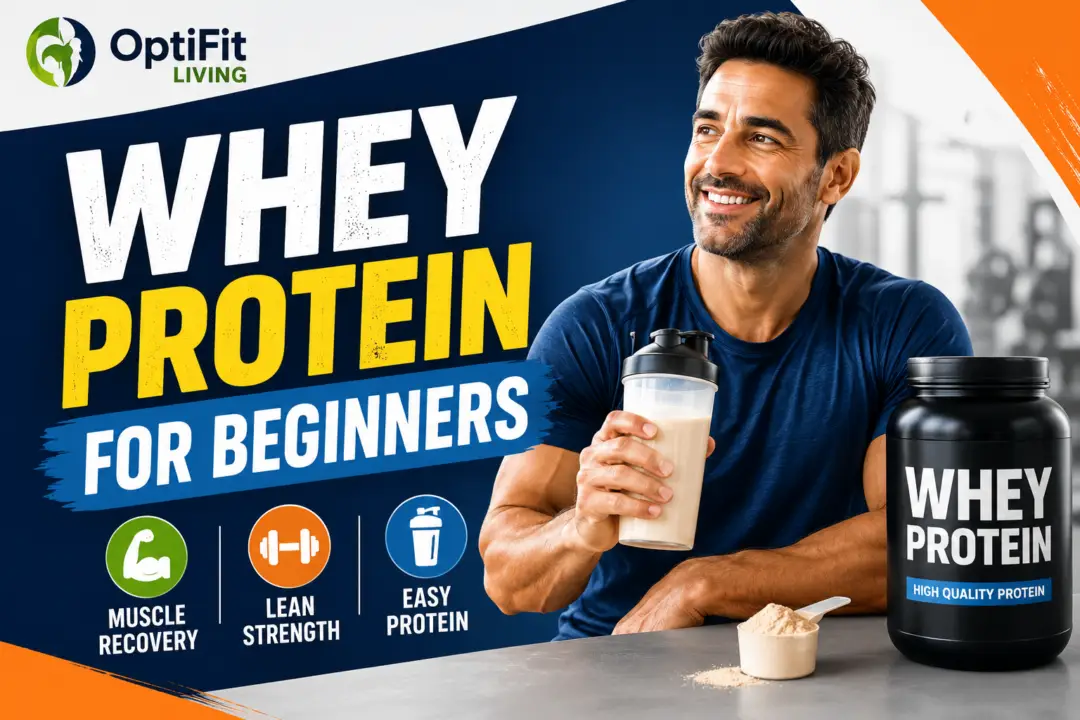 Fit middle-aged man holding a protein shake beside whey protein container in a modern gym setting with bold whey protein for beginners text.