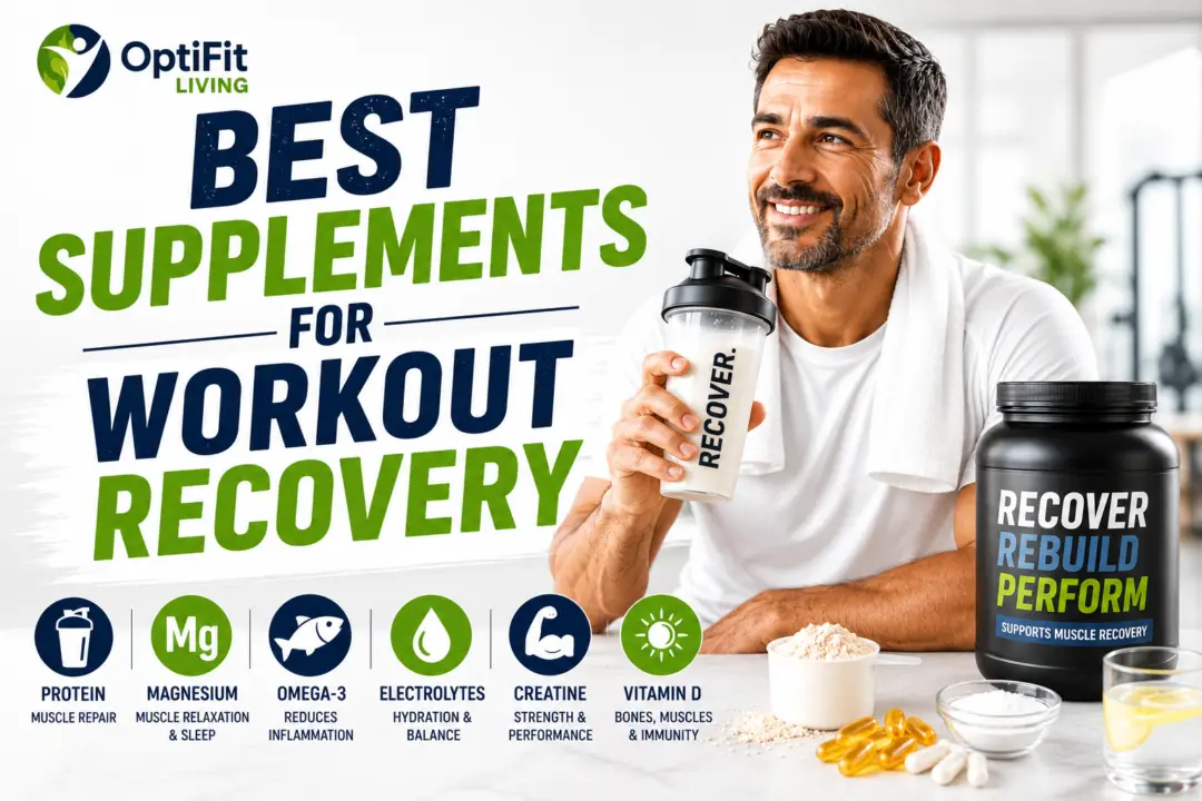 Fit middle-aged man in white gym outfit holding recovery shake beside workout supplements in a clean bright fitness background.