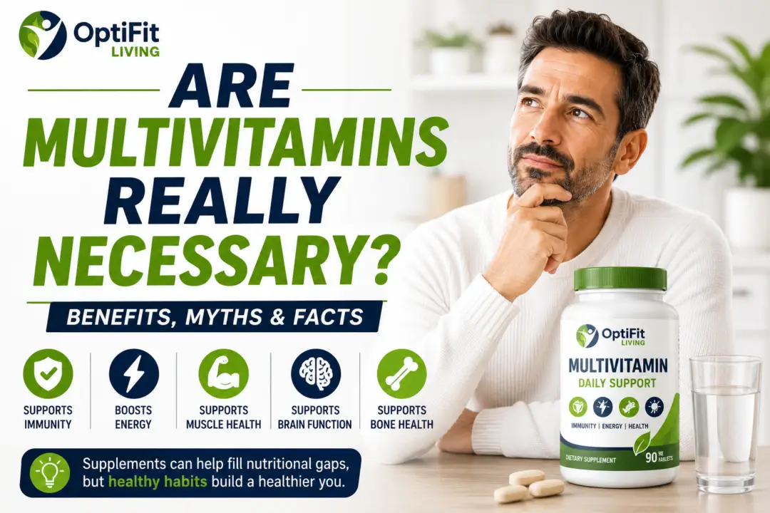 Thoughtful middle-aged man beside multivitamin bottle in a bright modern setting with text about multivitamins, immunity, energy, and healthy lifestyle support.