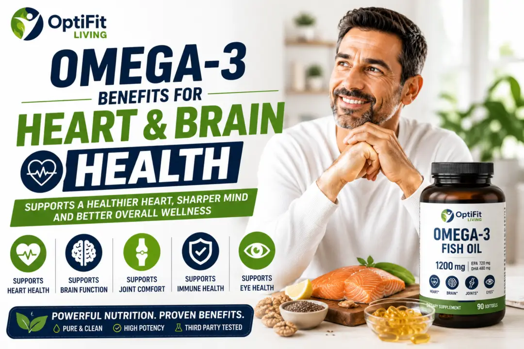 Middle-aged man beside omega-3 fish oil supplements, salmon, walnuts, and healthy foods in a bright modern wellness setting promoting heart and brain health.