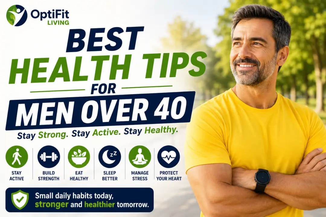 Smiling middle-aged man in yellow t-shirt standing outdoors with healthy lifestyle tips for men over 40 in a clean wellness-themed banner.