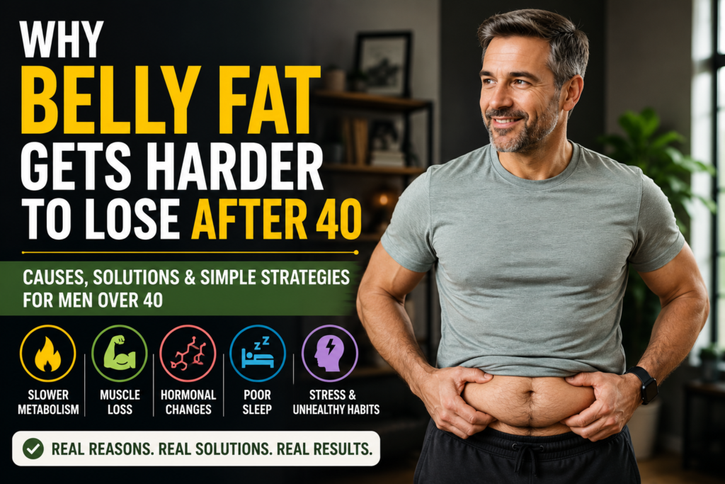 Middle-aged man holding belly fat with fitness and health graphics explaining causes of belly fat after 40 including slow metabolism, poor sleep, hormonal changes, and stress.