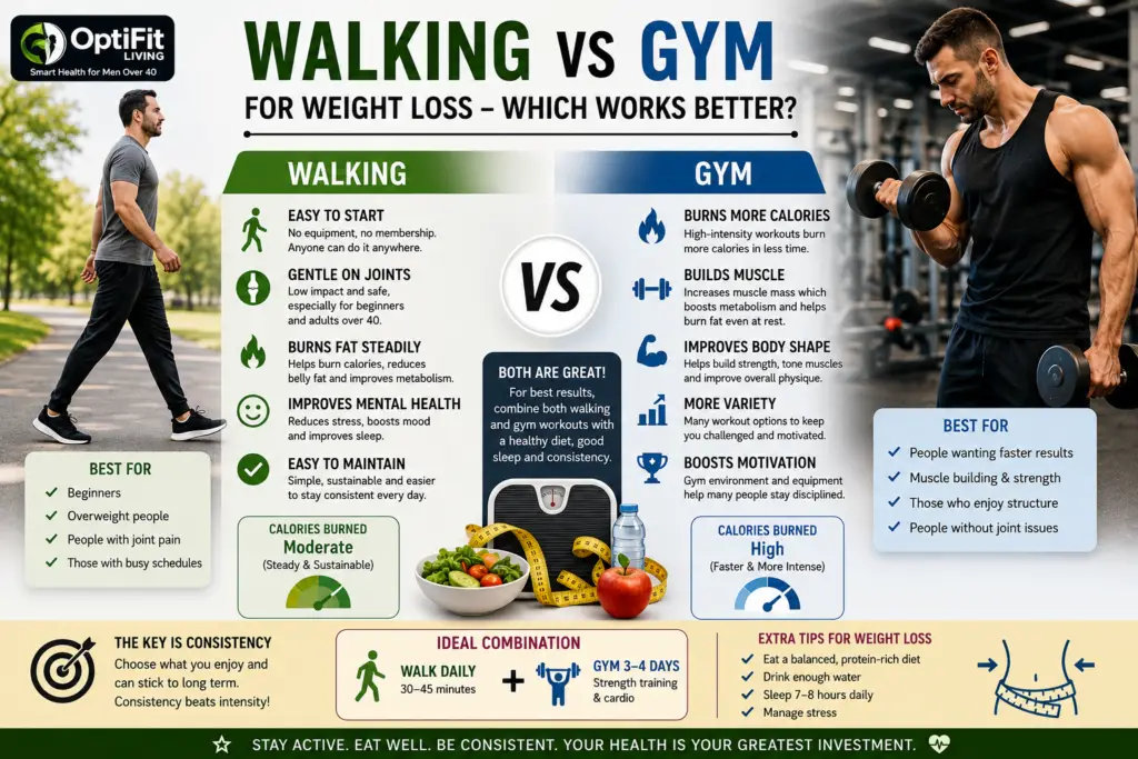 Infographic comparing walking and gym workouts for weight loss, showing benefits of walking, strength training, calorie burning, and fitness for men over 40.