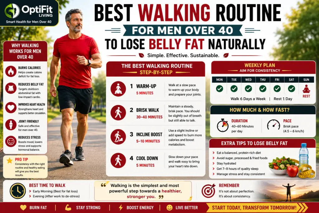 Infographic showing a walking routine for men over 40 with a man in a red t-shirt walking outdoors, weekly walking plan, belly fat loss tips, and fitness guidance.