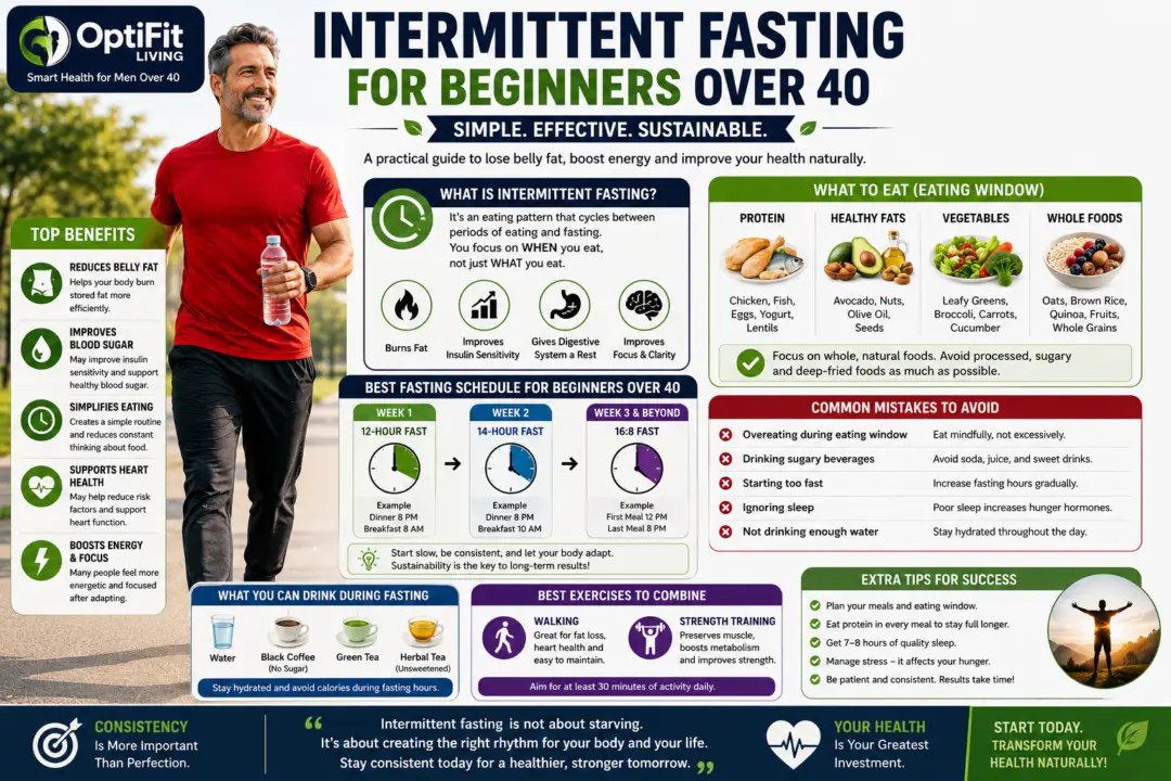 Infographic about intermittent fasting for beginners over 40 showing fasting schedules, healthy foods, benefits, common mistakes, and weight loss tips with a man in a red t-shirt.
