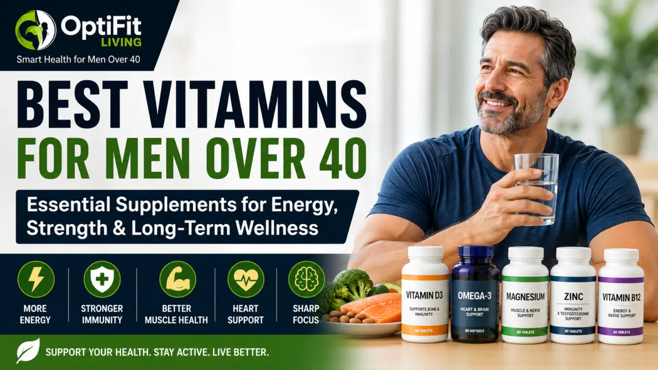 Healthy middle-aged man holding a glass of water with essential vitamins and supplement bottles including vitamin D3, omega-3, magnesium, zinc, and vitamin B12 for men over 40.