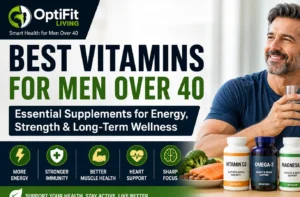 Best vitamins for men over 40 banner showing essential supplements and health benefits.
