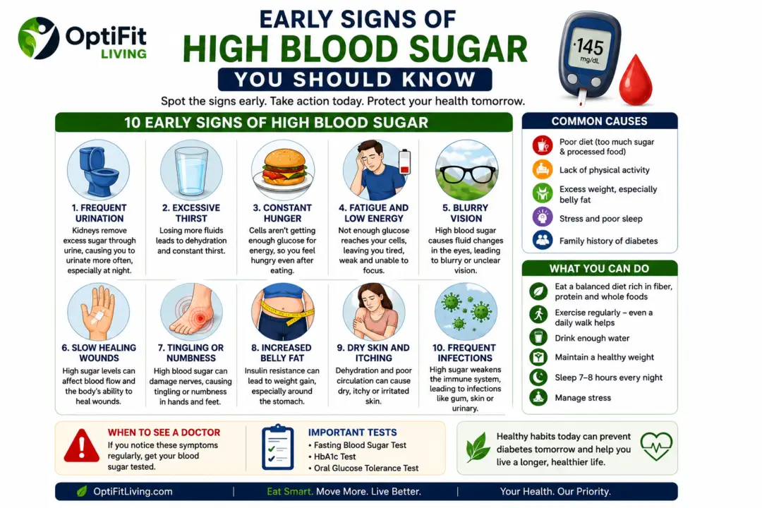 Infographic showing the early signs of high blood sugar, including frequent urination, excessive thirst, fatigue, blurry vision, numbness, belly fat, and slow healing wounds.