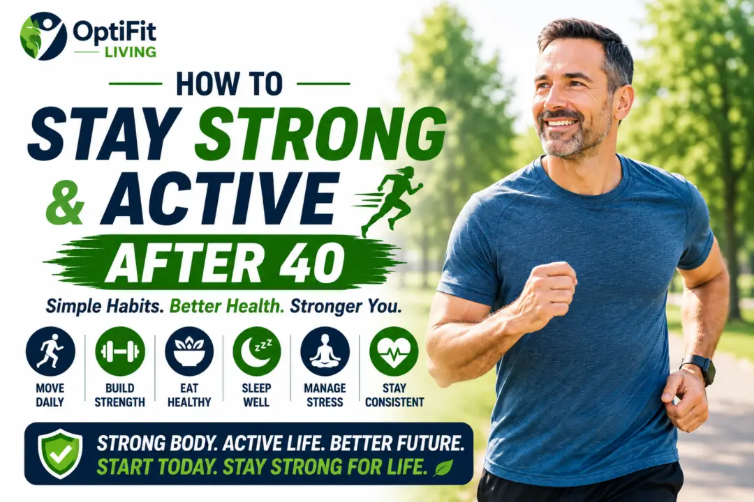Motivational fitness banner showing an active man jogging outdoors with text about staying strong and active after 40 by OptiFit Living.
