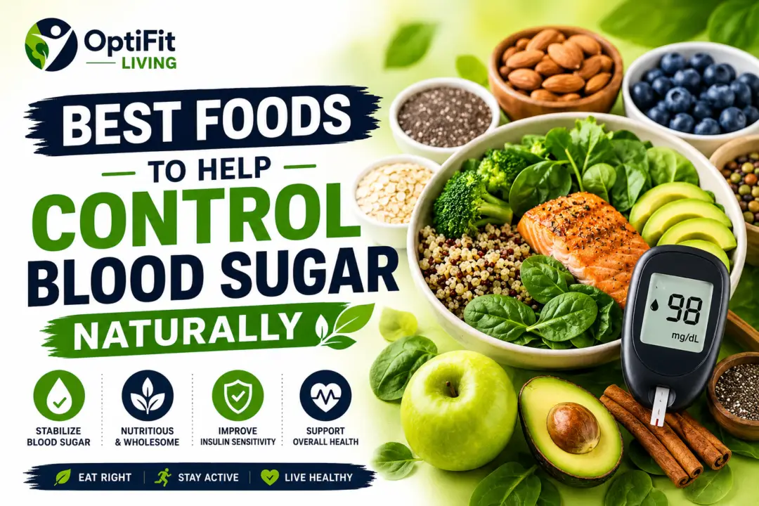 Healthy foods like salmon, avocado, spinach, nuts, oats, and berries displayed with a blood sugar monitor in an attractive blood sugar control thumbnail by OptiFit Living.