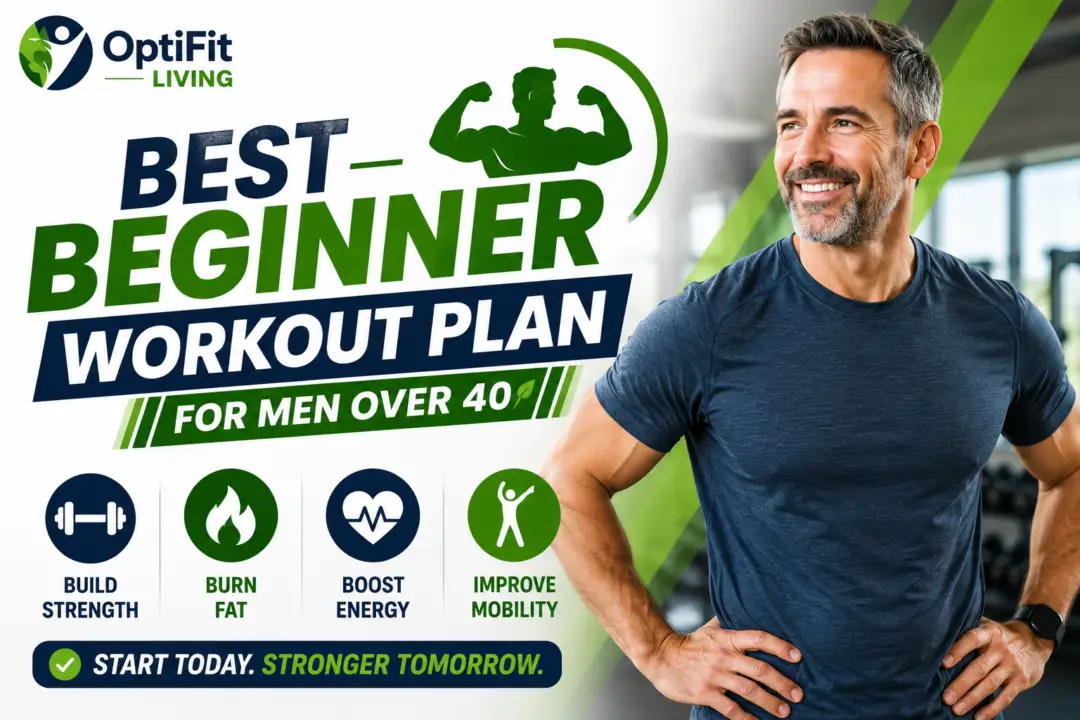 Fitness banner showing a confident man over 40 in gym wear with motivational text about a beginner workout plan by OptiFit Living.