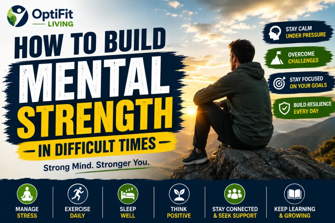 Inspirational mental strength thumbnail showing a man sitting on a mountain cliff during sunrise with motivational text about building mental strength in difficult times.