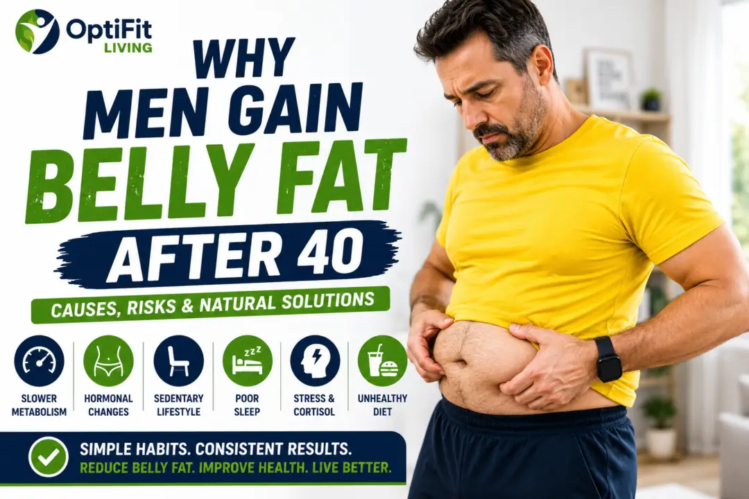 Middle-aged man in yellow t-shirt checking belly fat with healthy aging and weight gain information in a modern fitness-themed banner.