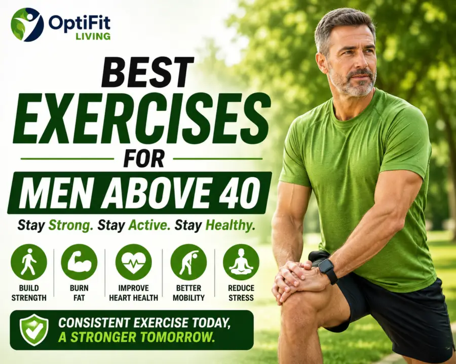 Fit middle-aged man in green athletic t-shirt stretching outdoors with exercise and healthy aging information for men above 40.