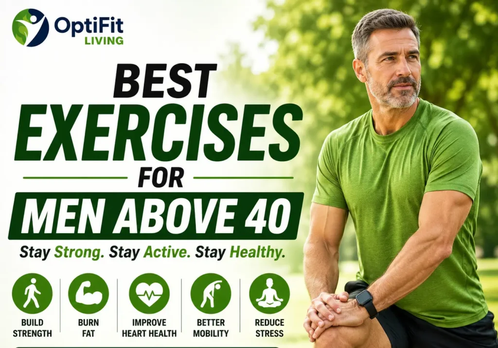 Fit middle-aged man in green athletic t-shirt stretching outdoors with exercise and healthy aging information for men above 40.