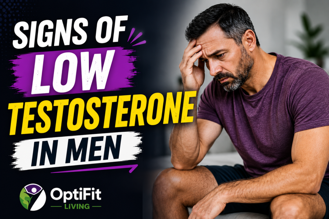 Health and wellness thumbnail showing a worried middle-aged man in a purple shirt with bold text about signs of low testosterone in men by OptiFit Living.