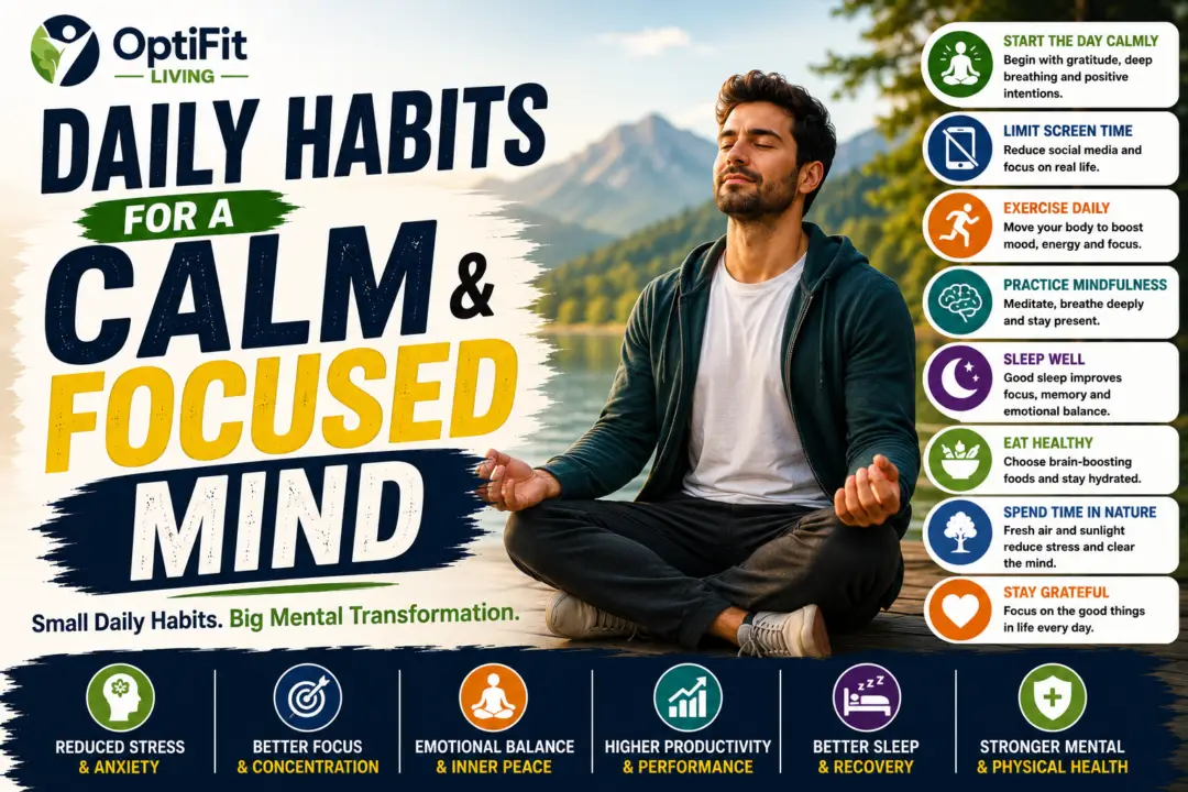 Mental wellness thumbnail showing a calm man meditating outdoors near a lake with text about daily habits for a calm and focused mind.