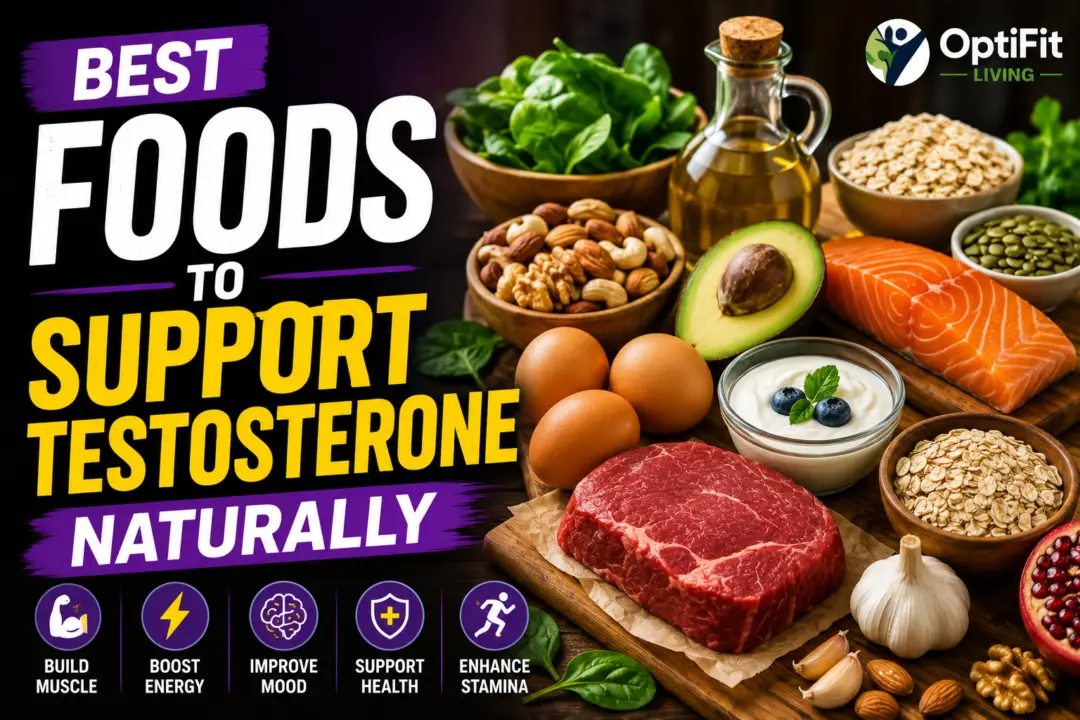 Healthy foods thumbnail showing eggs, salmon, avocado, nuts, yogurt, oats, and olive oil with bold text about supporting testosterone naturally by OptiFit Living.