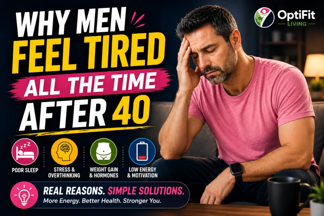 Health and wellness thumbnail showing a tired middle-aged man in a pink t-shirt sitting on a sofa with bold text about why men feel tired after 40 by OptiFit Living.