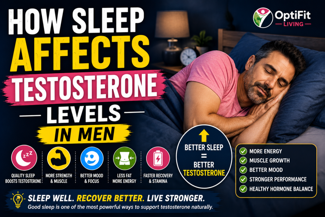 Health and sleep wellness thumbnail showing a middle-aged man sleeping peacefully in a pink t-shirt with bold text about how sleep affects testosterone levels in men.