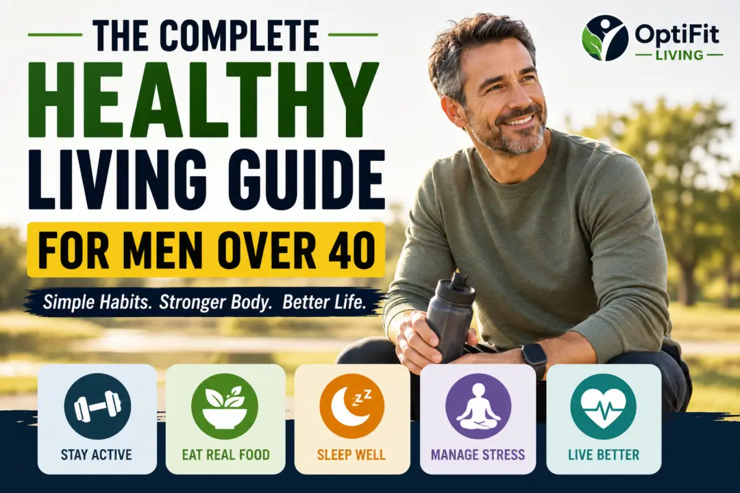 Healthy lifestyle thumbnail showing a smiling middle-aged man in an olive green shirt sitting outdoors with text about healthy living for men over 40.