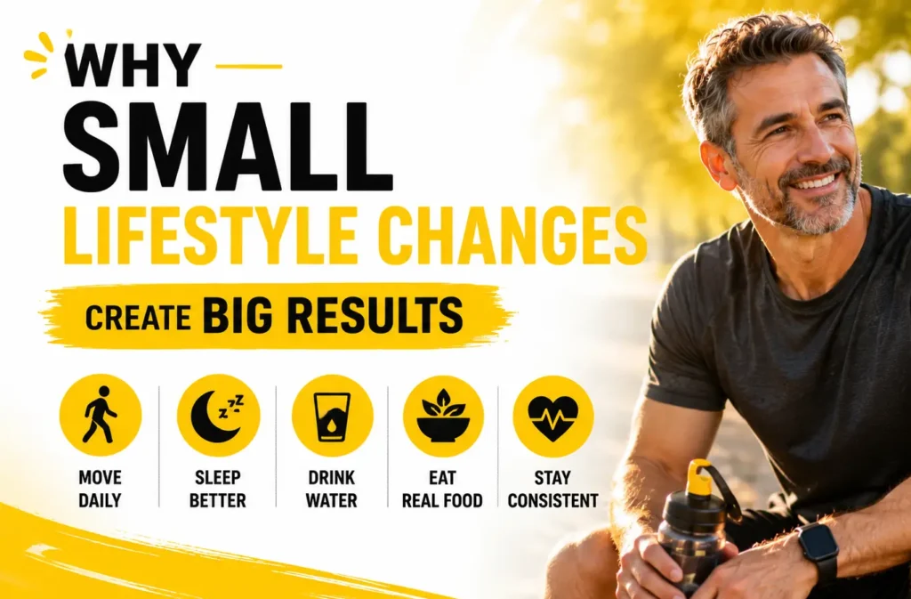 Motivational wellness thumbnail showing a smiling middle-aged man in a blue athletic jacket outdoors with text about small lifestyle changes creating big health results.