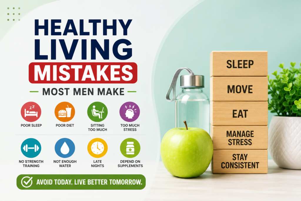 Modern healthy living thumbnail with colorful wellness icons, healthy lifestyle blocks, green apple, and hydration bottle on a soft mint background.