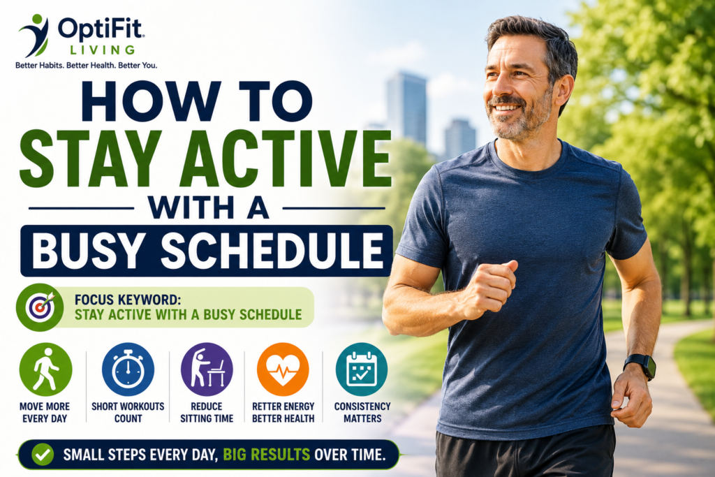 Modern fitness thumbnail showing a middle-aged man jogging outdoors with a teal and orange wellness theme and minimal text about staying active with a busy schedule.