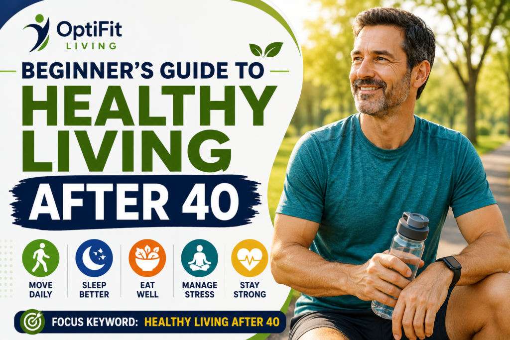 Modern healthy living thumbnail showing a smiling middle-aged man in a teal athletic shirt holding a water bottle outdoors with a green and navy wellness theme.