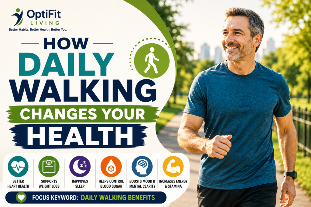 Modern wellness thumbnail showing a smiling middle-aged man walking outdoors with a teal and green health theme focused on daily walking benefits.