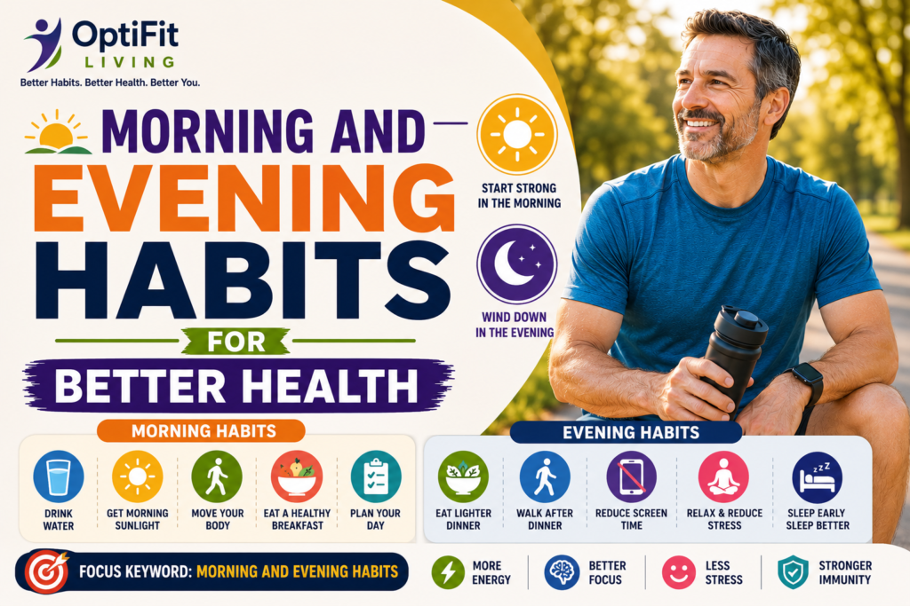Colorful wellness infographic showing a smiling middle-aged man outdoors with purple, orange, navy blue, and green health-themed design elements about morning and evening habits.