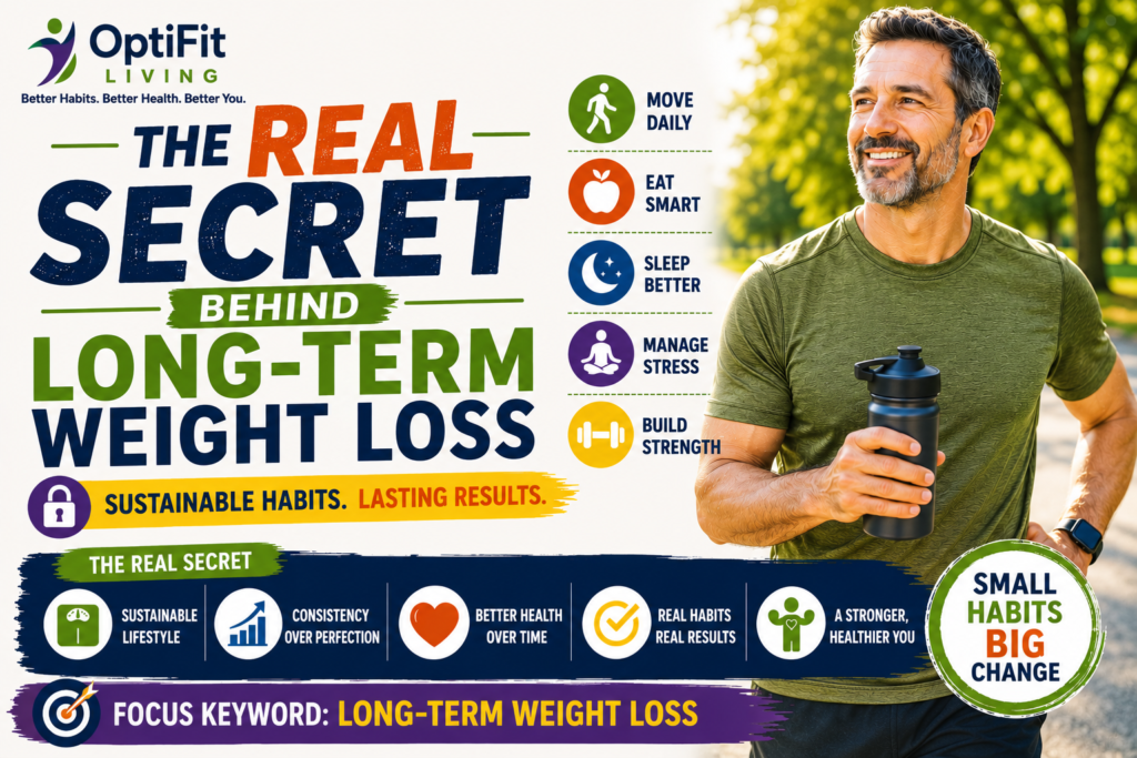 Modern long-term weight loss thumbnail showing a smiling middle-aged man in an olive green athletic t-shirt holding a shaker bottle outdoors with colorful wellness graphics.
