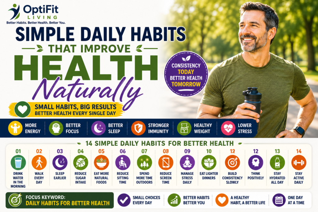 Colorful wellness infographic showing a smiling middle-aged man in an olive green athletic t-shirt outdoors with bold purple, green, orange, and navy blue healthy lifestyle design elements.