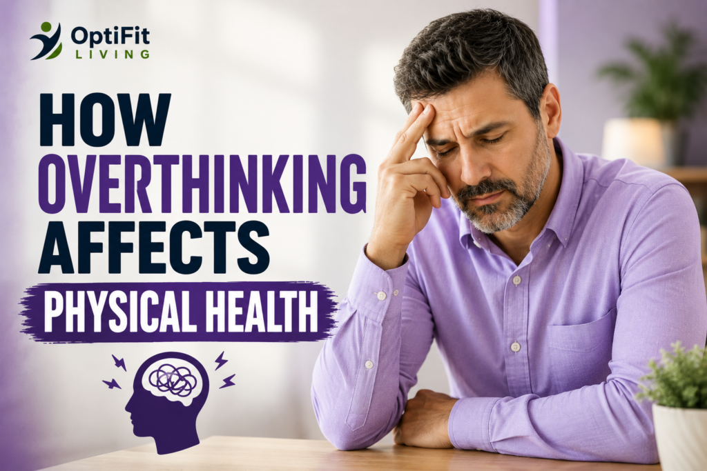 Modern wellness thumbnail showing a stressed middle-aged man in a light purple shirt sitting thoughtfully indoors with bold typography about overthinking and physical health.
