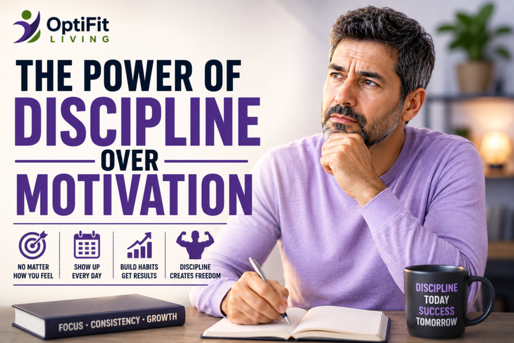 Modern motivational thumbnail showing a thoughtful middle-aged man in a light purple shirt sitting at a desk with bold typography about discipline and long-term success.