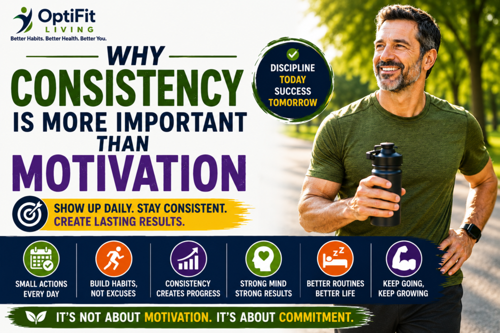 Motivational wellness thumbnail showing a smiling middle-aged man in an olive green athletic t-shirt holding a shaker bottle outdoors with bold consistency and discipline themed typography.