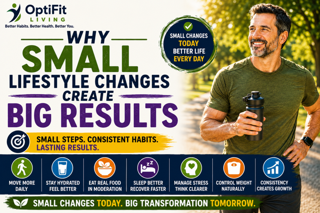 Bright motivational wellness thumbnail showing a smiling middle-aged man in an olive green athletic t-shirt holding a shaker bottle outdoors with bold typography about small lifestyle changes and healthy habits.