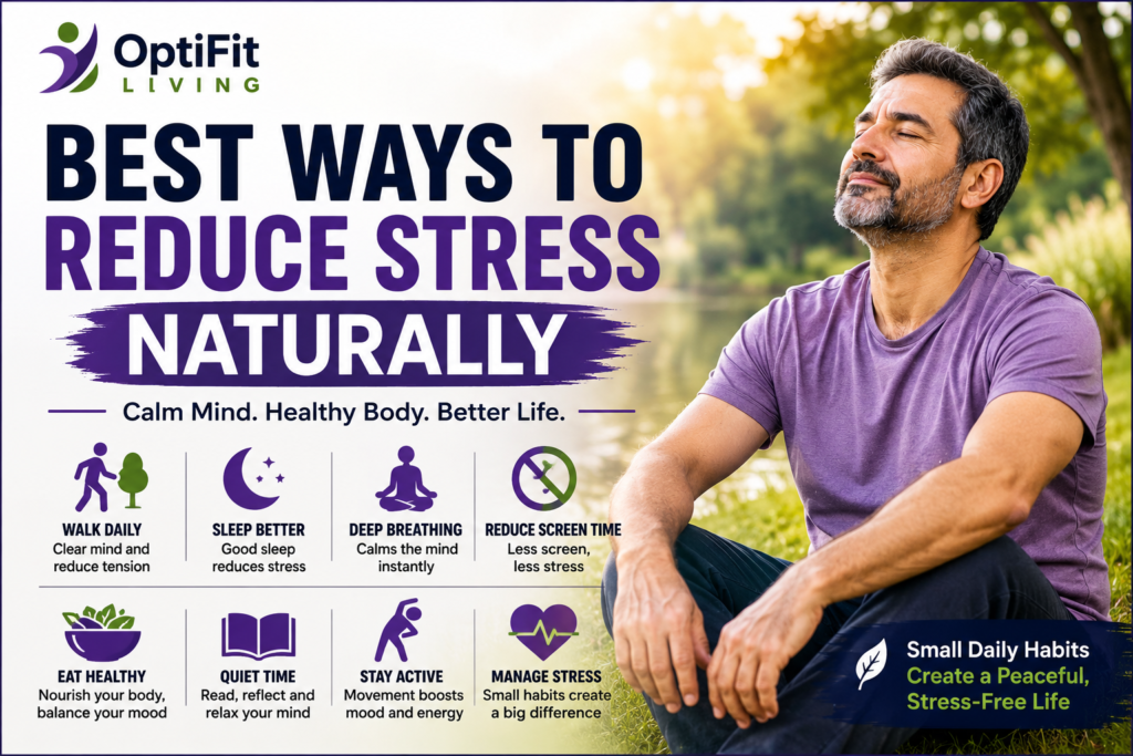 Peaceful wellness thumbnail showing a calm middle-aged man in a light purple t-shirt sitting outdoors near a lake with minimal text about reducing stress naturally.