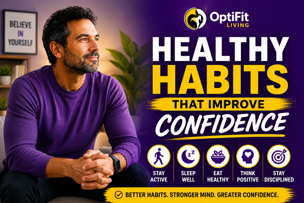 Modern purple and yellow wellness thumbnail showing a confident middle-aged man in a purple sweater sitting indoors with minimal text about healthy habits and confidence.