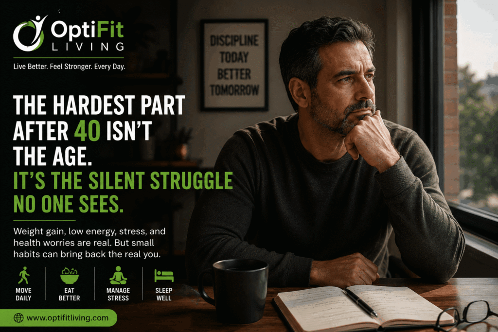 A thoughtful middle-aged man sits at a wooden table by a window, looking outside with a calm but reflective expression. On the table are a glass of water, an open notebook, a fitness tracker, and a pair of running shoes, suggesting health, routine, and the quiet struggles of men over 40.