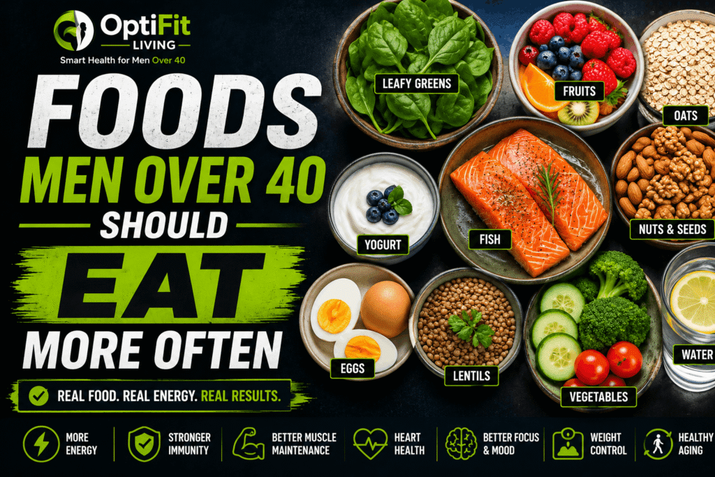 Premium black and green wellness thumbnail showing healthy foods for men over 40 including fish, eggs, yogurt, fruits, oats, nuts, vegetables, and leafy greens with bold typography.
