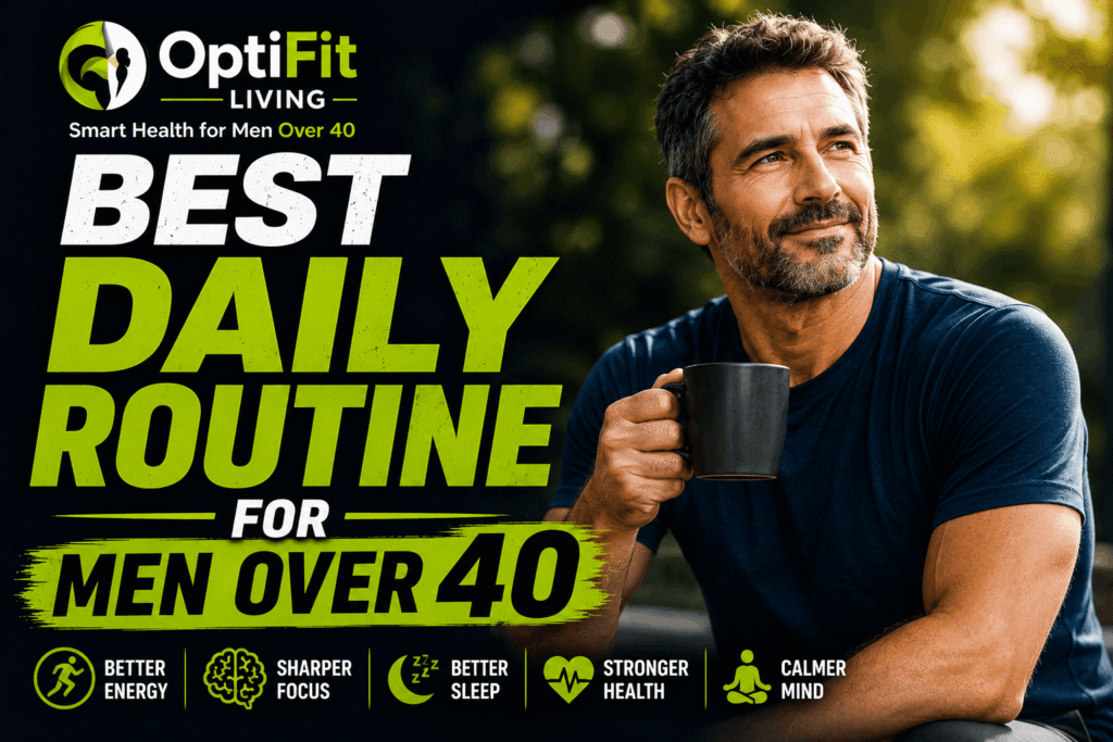 Premium black and neon green wellness thumbnail showing a confident middle-aged man holding coffee outdoors with bold text about the best daily routine for men over 40.