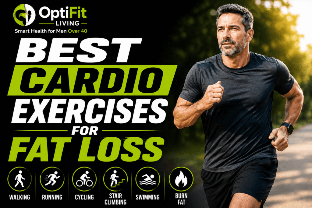 Premium black and neon green fitness thumbnail showing a fit middle-aged man jogging outdoors with bold text about the best cardio exercises for fat loss.
