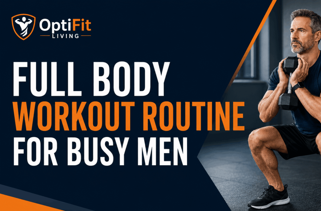 Full body workout routine for busy men over 40 doing strength training in a clean modern fitness setting