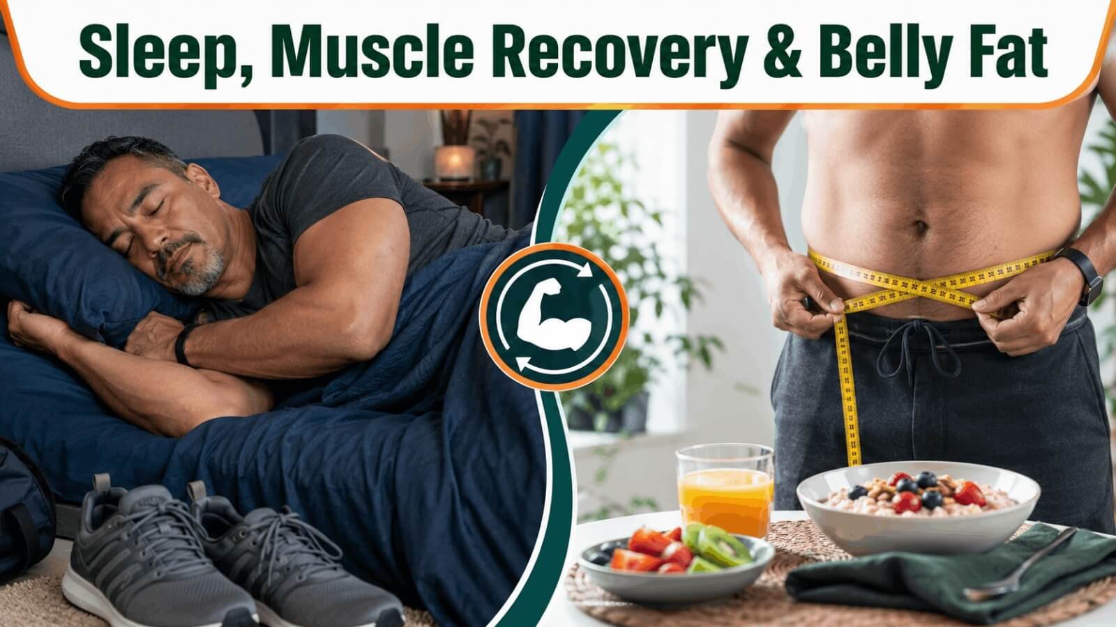 Split view of deep sleep muscle recovery and visceral belly fat measurement in men over 40