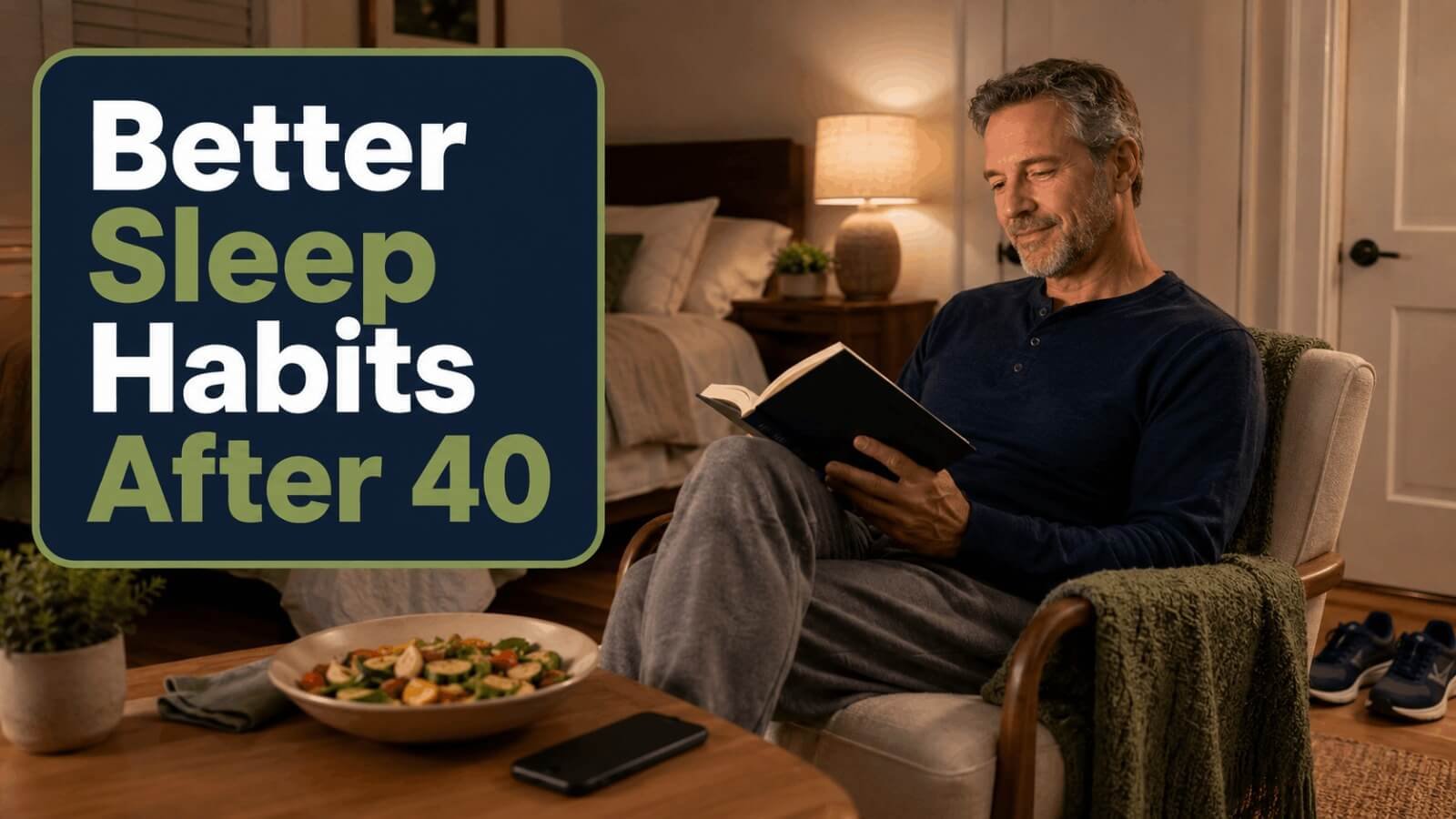Man practicing healthy nighttime sleep habits by reading a book away from screens