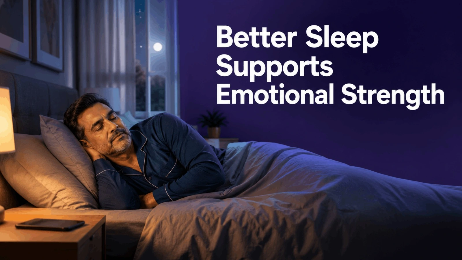 A man sleeping peacefully in a dark cozy bedroom at night, illustrating how better sleep supports emotional strength.